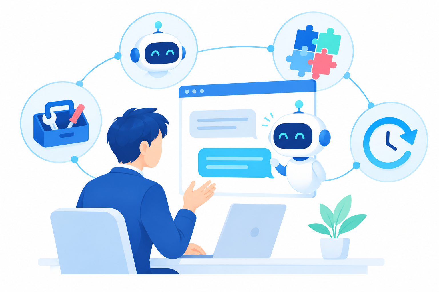 チャットでAIに仕事を任せ、Bot・Plugin・Skills・Routineが連携して動く様子のイラスト